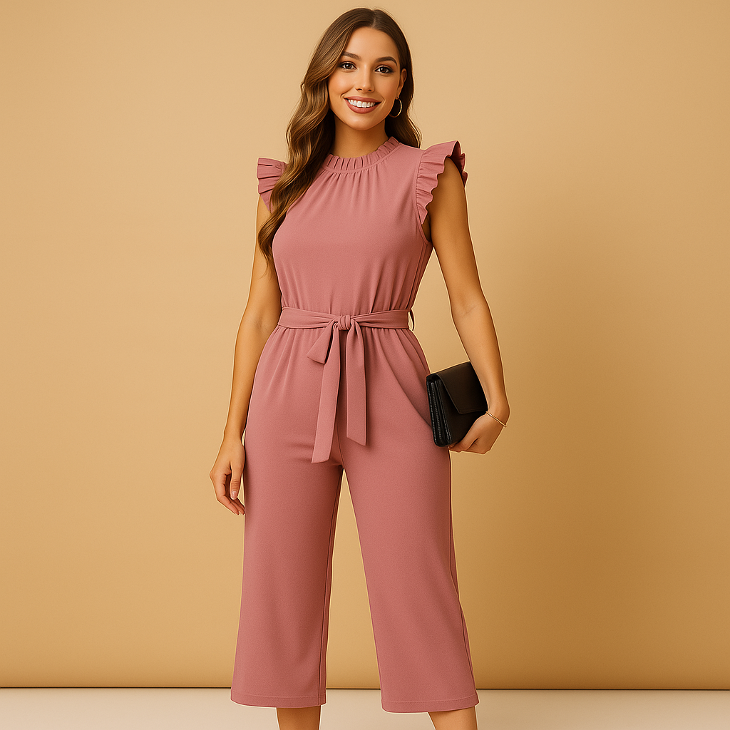 Elegant belted jumpsuit with cap sleeves for formal occasions | Yasmine 2
