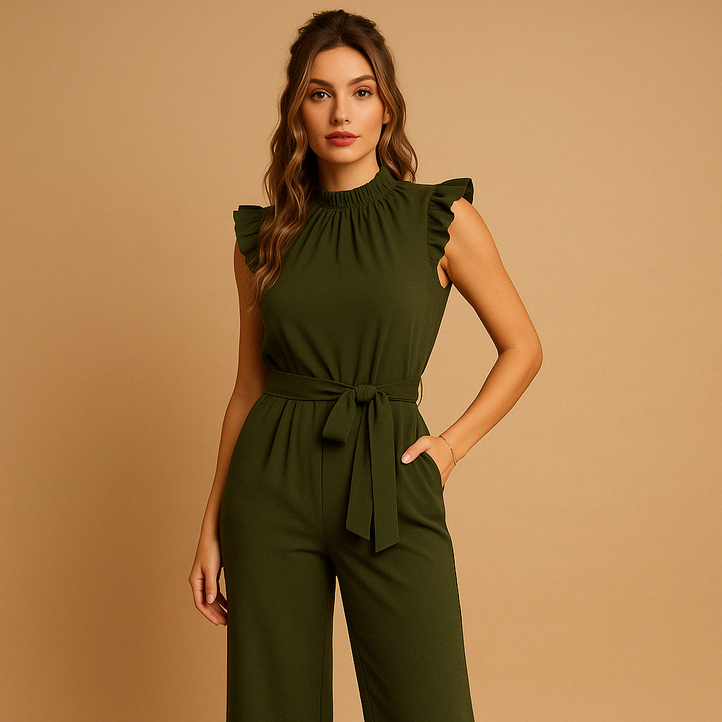 Elegant belted jumpsuit with cap sleeves for formal occasions | Yasmine 0